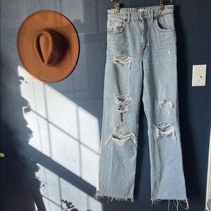 Zara High Waist Wide Leg Super Distressed Jean